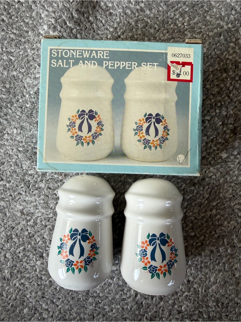 White Stoneware Salt & Pepper Shakers with Blue Floral Wreath